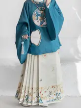 刺繍入りラウンドネック琵琶袖の女性用漢服【春夏用・花槿デザイン】（セットアップ対応）