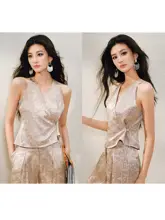 暗模様の装飾が美しい交差ストラップトップスとプリーツデザインのストレートパンツ（セットアップ対応）