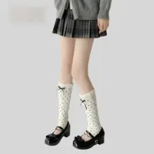 ヴィンテージモダン少女用ドットデザインのバレエリボン付き中筒ソックス【泡状フリル・レッグウォーマー】（セットアップ対応）