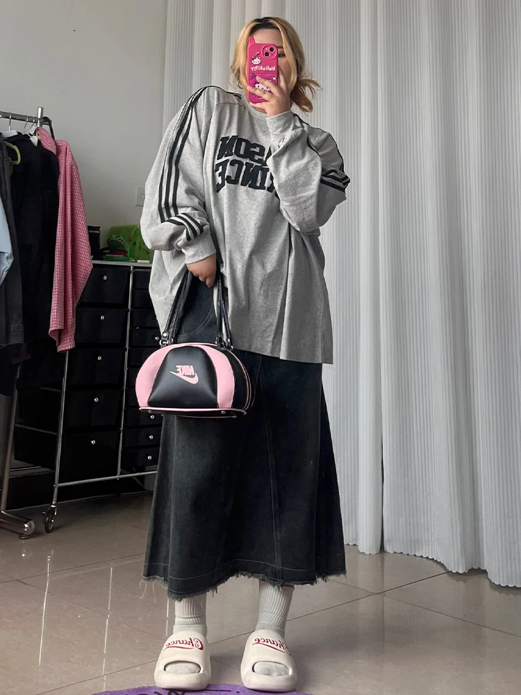黒灰色のデニムAラインスカート：大きいサイズ対応の通勤用マキシ丈スカート
