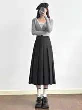 ウエストゴムのプリーツスカート【春夏用・グレー・ミディ丈・Aライン】