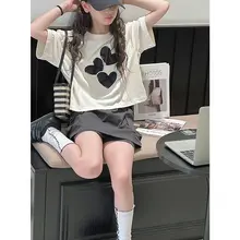 韓国風 カラーブロックデザイン 女の子用 半袖Tシャツ【夏用・カジュアル・短め】（セットアップ対応）