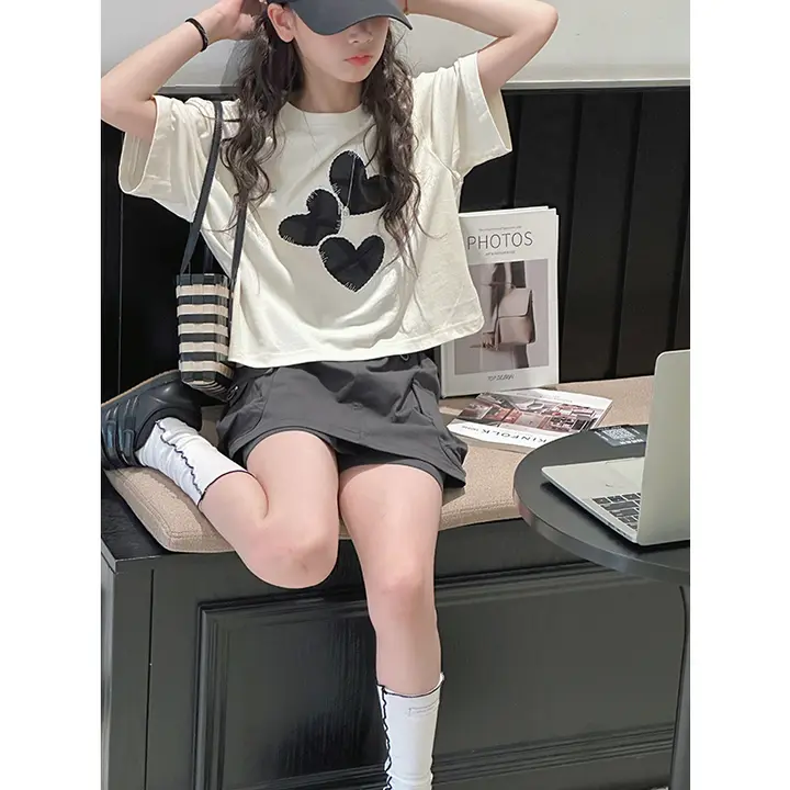 韓国風 カラーブロックデザイン 女の子用 半袖Tシャツ【夏用・カジュアル・短め】（セットアップ対応）