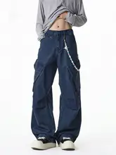 深いブルーカラーのワイドレッグデニムパンツ【アメリカンストリートスタイル・大きなポケット・ゆったりしたデザイン】