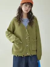 北島AMUU オリジナル Vネックウールニットカーディガン【秋冬用・レディース・シングルボタン・穴あけデザイン】