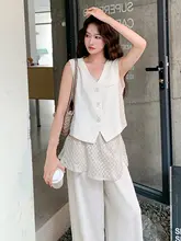米白色のメッシュパネル付きジャケットとワイドパンツ【女性用・カジュアルなスタイル】（セットアップ対応）