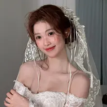 レトロレースのリボン付きヴェール【新婦用・エレガントなヘアアクセサリー】