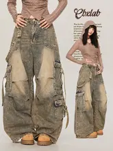 オーバーサイズデザインのデニムパンツ【美式ヒップホップ・作業服スタイル・ヴィンテージ加工】