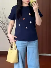 犬刺繍入りコットン半袖Tシャツ【大きいサイズ・夏用・ネイビー】