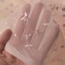 オレンジピンクの刺繍入りネットチュール生地【頭飾り・小さなドレス・ウェディング・チャイナドレス・手作りDIY用】