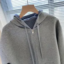 チェック柄デザインのフード付きアウター【ニットパッチワーク・フィット・カジュアル】