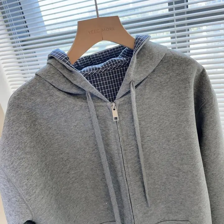 チェック柄デザインのフード付きアウター【ニットパッチワーク・フィット・カジュアル】