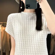 コットン製 半高襟ニットTシャツ【ワッフル生地・フィット・夏用・半袖】