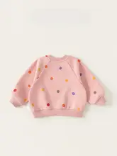 春季にぴったり！カラフルドットの女の子用プルオーバー【ラウンドネック・ラグランスリーブ・ゆったりフィット】（セットアップ対応）