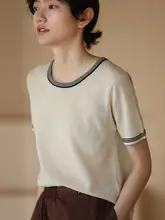 ニットTシャツ レディース リヨセルリネン混 バイカラー刺繍 ひんやり 通気性 薄手 ゆったり 夏