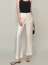 夏用 薄手のハイウエストワイドレッグパンツ【白色・レディース・リネン・九分丈】