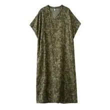 大きいサイズ 夏用 Vネック 薄手コットン麻 ロングトレンドビーチドレス【ルーズフィット・レトロデザイン】