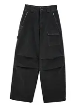 秋冬用 高腰ストレートワイドパンツ【黒色・デニム・工装デザイン・裾フリル】