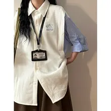 夏季のアメリカンカレッジスタイル！カートゥーン刺繍のデザインシャツ【女性用・トレンドアイテム】（セットアップ対応）