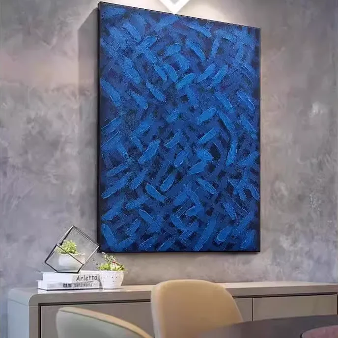 手描き アートフレーム 壁掛け油絵【抽象デザイン・青色・モダン】