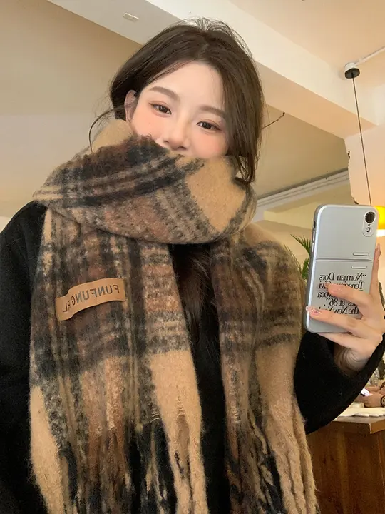 スカーフ 女性 秋冬 レトロ フリー サイズ 厚手 保温 チェック