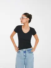 DiscoGlam スーピマコットン製 レディース Uネック ホワイト 半袖 Tシャツ【フィット感・ノースリーブ】