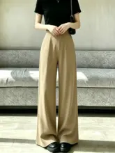 カーキ色のウエストハイワイドパンツ【夏用・フィット・小柄サイズ対応】（セットアップ対応）