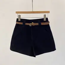 レトロスタイル コーデュロイショートパンツ【高腰・Aライン・女性用・秋冬用・テーパード】（セットアップ対応）