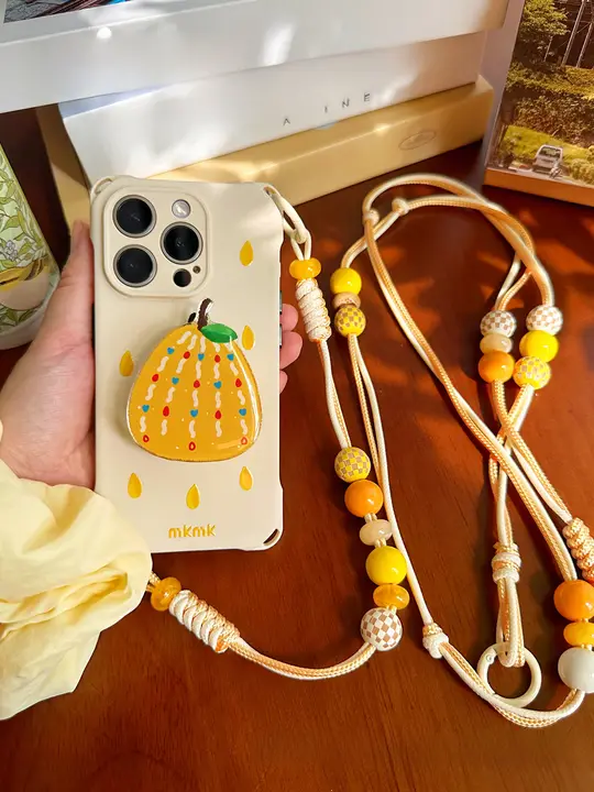 スマホケース シリコン 梨柄 イエロー クロスボディストラップ 長さ調節可 ハンドストラップ 落下防止 多機種対応