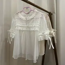 ロリータ風 レース入り薄手長袖ブラウス【夏用・透け感・短袖】