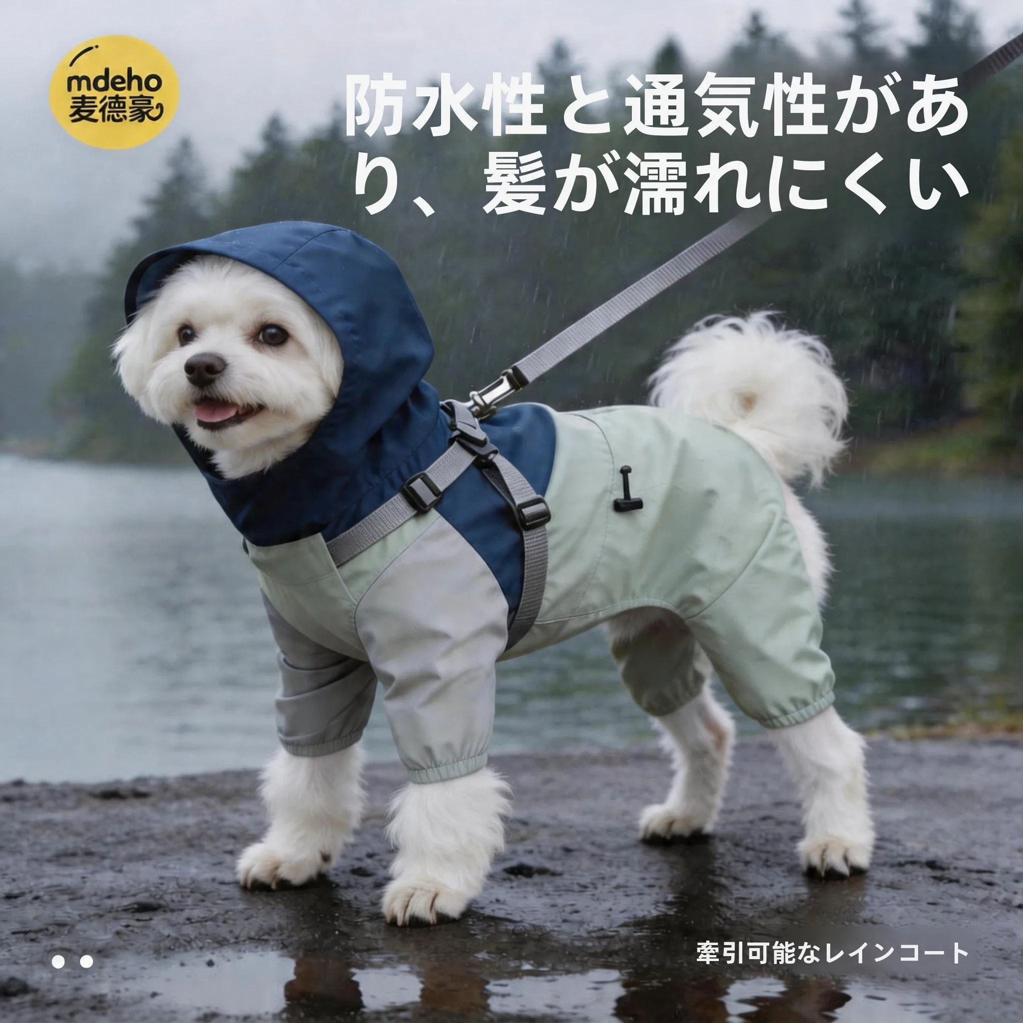 犬用レインコート：カラー切替・四足タイプで夏の防水性能を実証