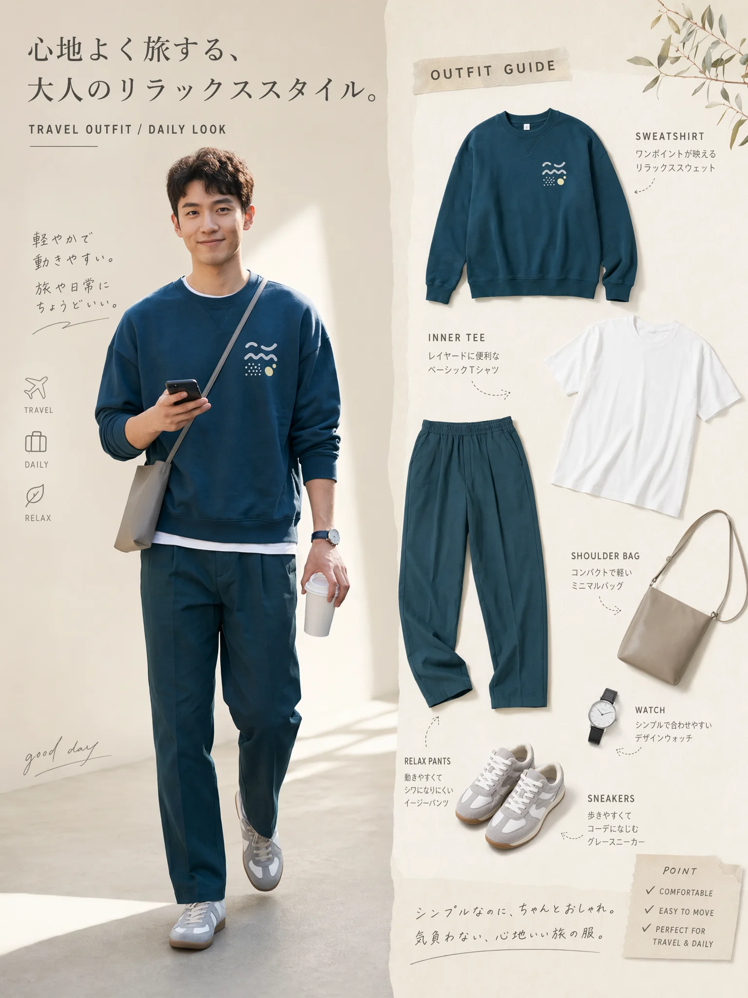 白いクルーネックTシャツ、ネイビー系の長袖スウェット、同系色のテーパードパンツ、細身の腕時計、ライトグレーのショルダーバッグを合わせたコーディネート