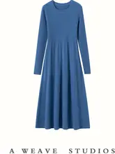 山羊绒製 丸首ロングドレス【高ウエスト・Aライン・通勤用】