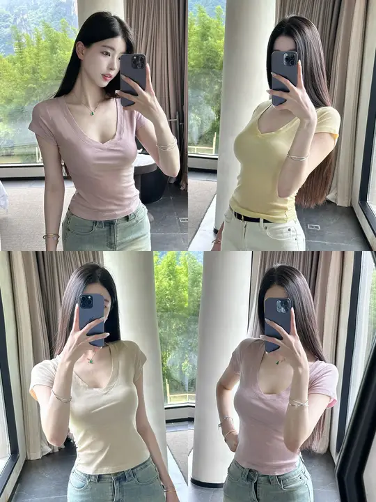 夏にぴったりのアイスクリームデザインVネック半袖Tシャツ【シンプルなフィットデザイン・女性用】
