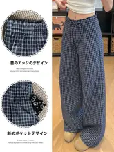 ブルーのフリル付きチェック柄カジュアルパンツ【ハイウエス  ト・ストレート・ルーズフィット・秋用】（セットアップ対応）
