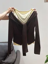 レトロ風 ヴィー型ネック長袖Tシャツ【コントラストデザイン・リボン付き・スリムフィット】（セットアップ対応）