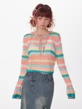 春夏用 アメリカンレトロデザインの短丈ストライプ模様透かし長袖トップス