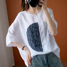 夏用のフィットTシャツ【リネンコットン・アート風・大きいサイズ・お腹を隠すデザイン】