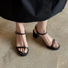 通勤に最適！シンプルでエレガントな夏用真皮一字型サンダル【中粗ヒール・女性用】