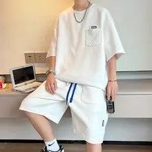 華やかなワッフル生地のカジュアルセットアップ【男性用・夏用・ゆったりシルエット・ショートスリーブTシャツ・ハーフパンツ】（セットアップ対応）