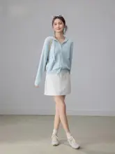 レース付きフードニットカーディガン【ブルー・春季用・女性用・優しいデザイン】
