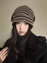 レトロストライプの二重編みニット帽【秋冬用・暖かさ・耳を守る・韓国風】