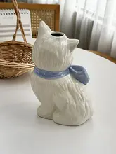 可愛い猫のデザインの陶器花瓶【リボン付き・手描き風】【インテリア装飾用】