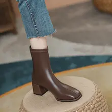 レディース 本革製 太ヒールショートブーツ【プレーントゥ・マーチンブーツスタイル・春秋用】