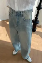 デニムパンツ レディース 韓国風 ウォッシュ加工 ヴィンテージ ストレート ワイド ルーズ カジュアル