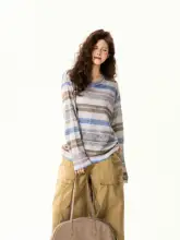 レトロデザインのストライプ長袖Tシャツ【穴あけ不要・ゆったりシルエット・カジュアル】