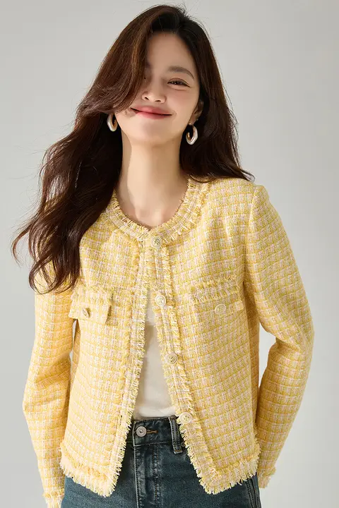 秋季 フランス風 イエロー ショート ツイードコート【エレガント・フリンジデザイン】
