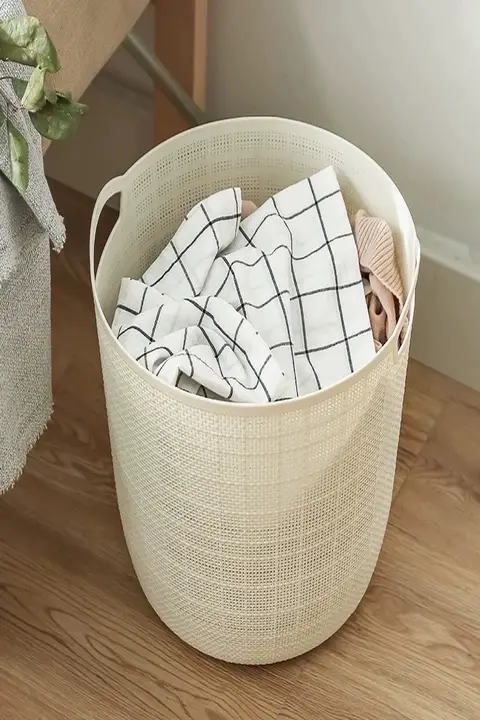 MOMO HOME 麻布模様のプラスチック製洗濯カゴ【収納バスケット・バルコニー用・お手入れ簡単】