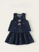 夏用レトロ個性的な子供用デニムセット【リボン付きタンクトップ・刺繍Aラインスカート】（セットアップ対応）