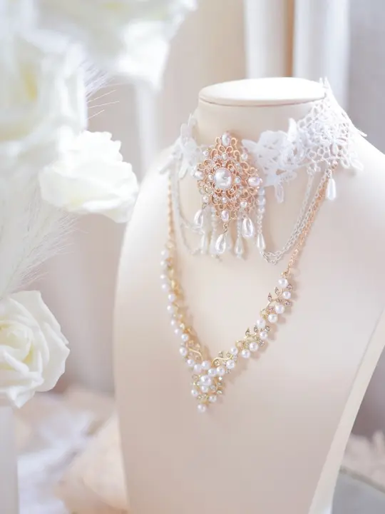 ネックレス パール レース 六芒星 ホワイト ハンドメイド ロリータ 花嫁 ウェディング 着回し